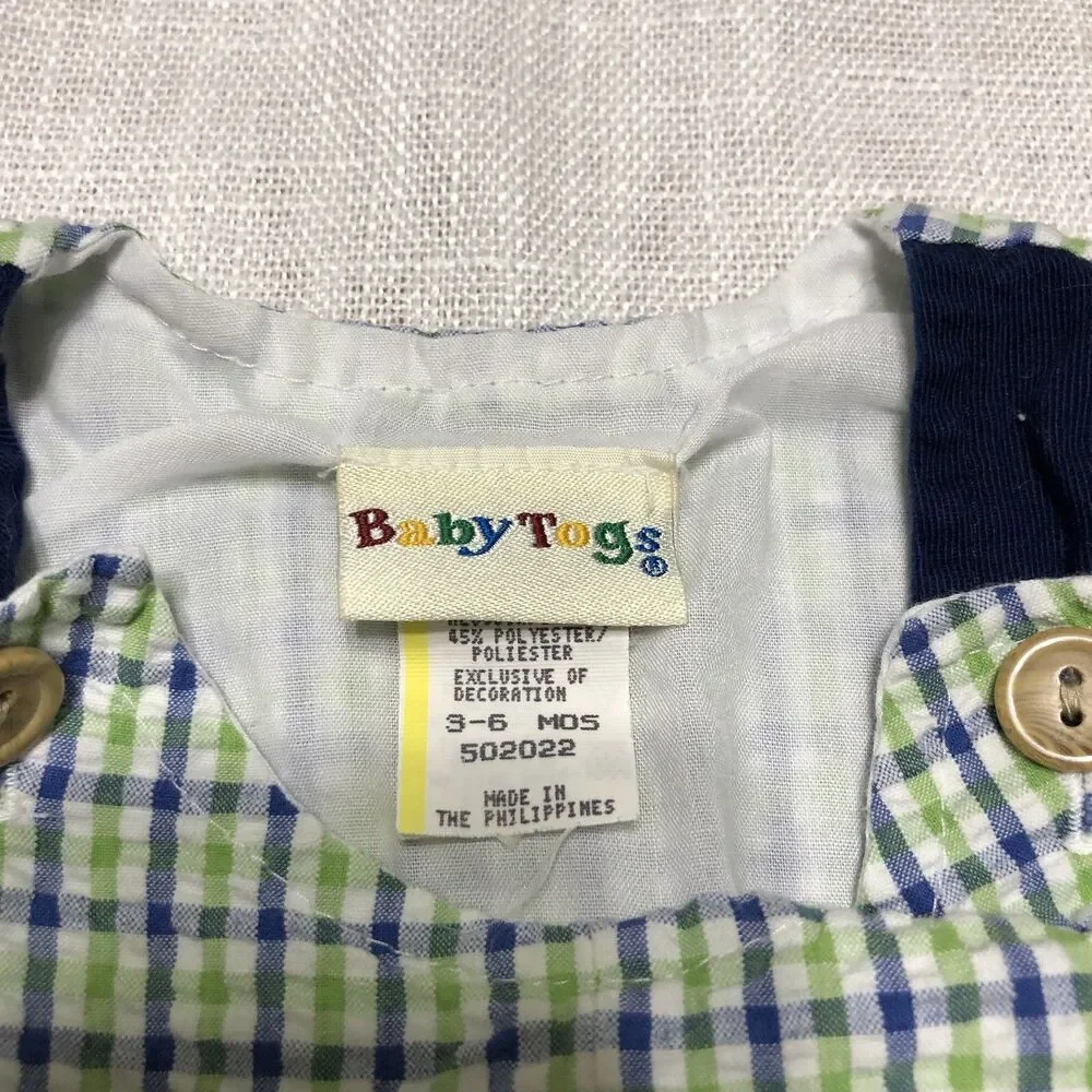 VTG Y2K baby boys 3-6m seersucker romper overalls golf bear plaid embroidered